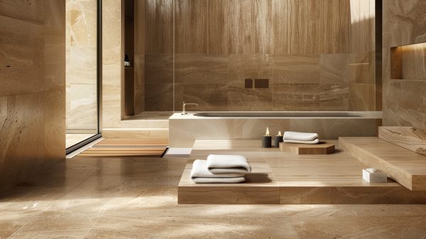 Idées déco salle de bain : allier travertin et bois